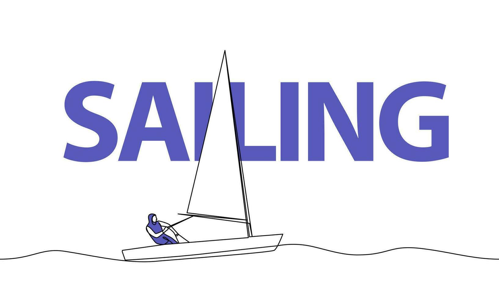Single continuous drawing of a sailor running. Sailing. Colored elements and title. One line vector illustration