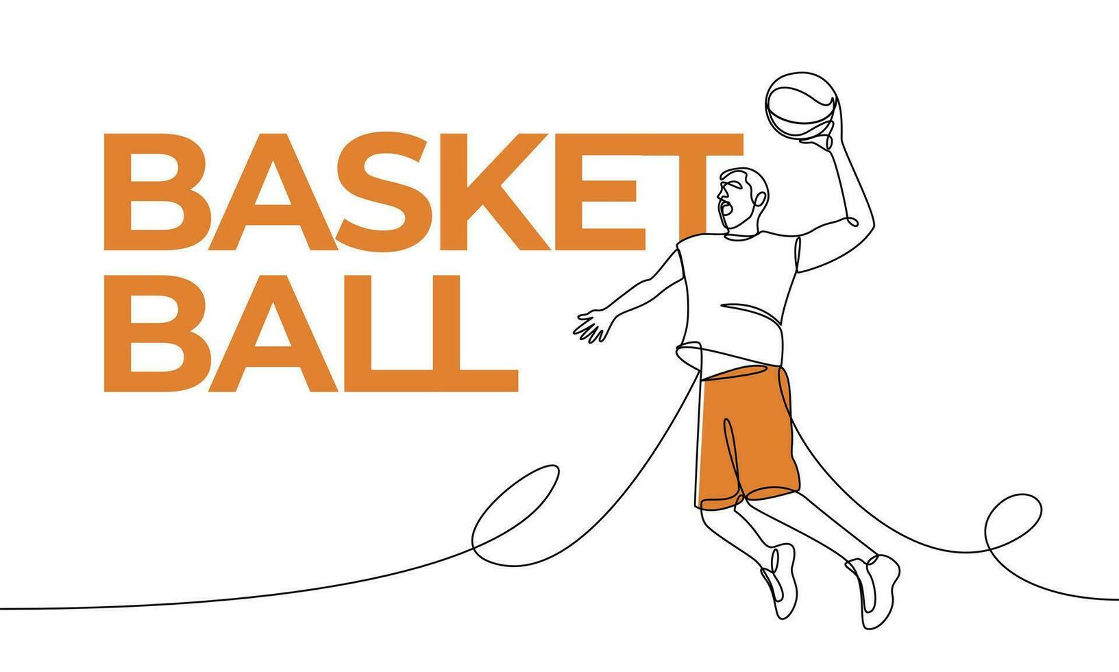 Single continuous drawing of a basketball player throwing or catching a ball. Bounce. Basketball. Colored elements and title. One line vector illustration
