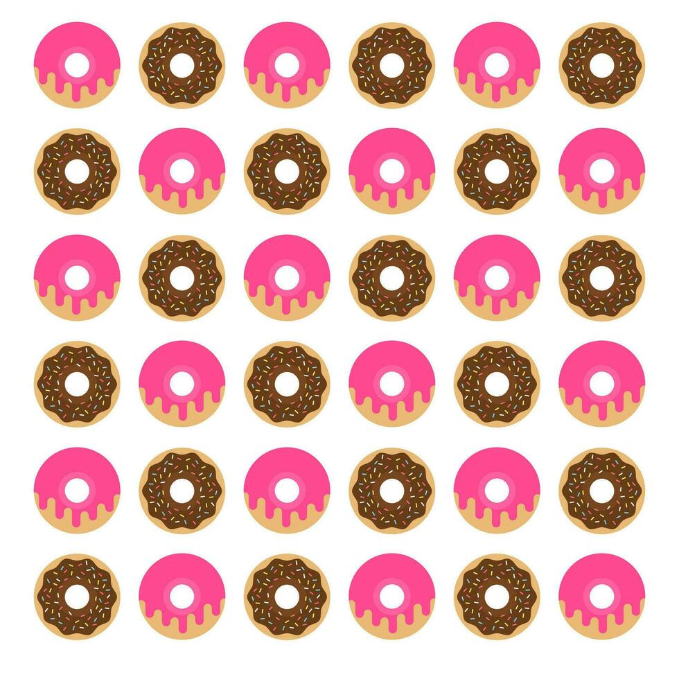 Donut pattern. Pink and chocolate donut with different topping on white background vector