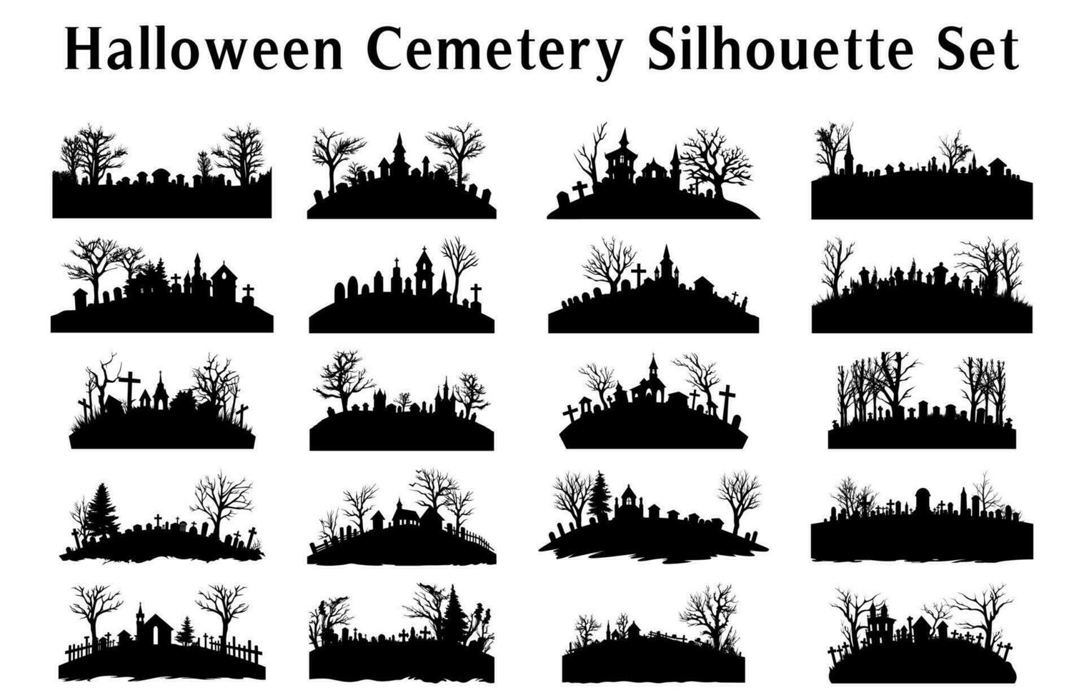 Víspera de Todos los Santos cementerio silueta vector ilustración, Víspera de Todos los Santos noche vector fondo, de miedo escalofriante cementerio con tumbas