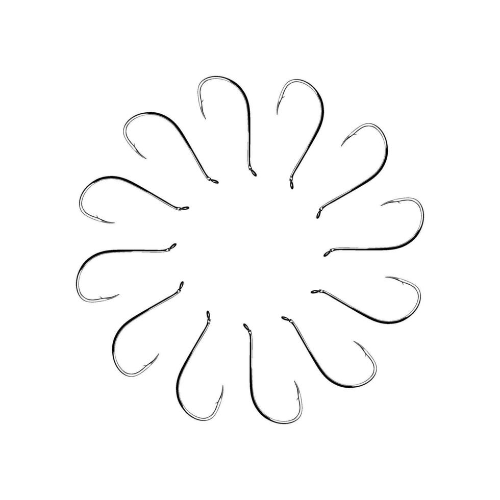 Artistic Circle Shape Created from Fishing Hook Silhouette Composition, can use for Logo Gram, Decoration, Ornate, Art Illustration or Graphic Design Element. Vector Illustration