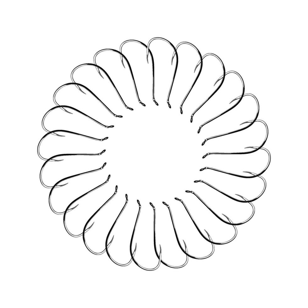 Artistic Circle Shape Created from Fishing Hook Silhouette Composition, can use for Logo Gram, Decoration, Ornate, Art Illustration or Graphic Design Element. Vector Illustration