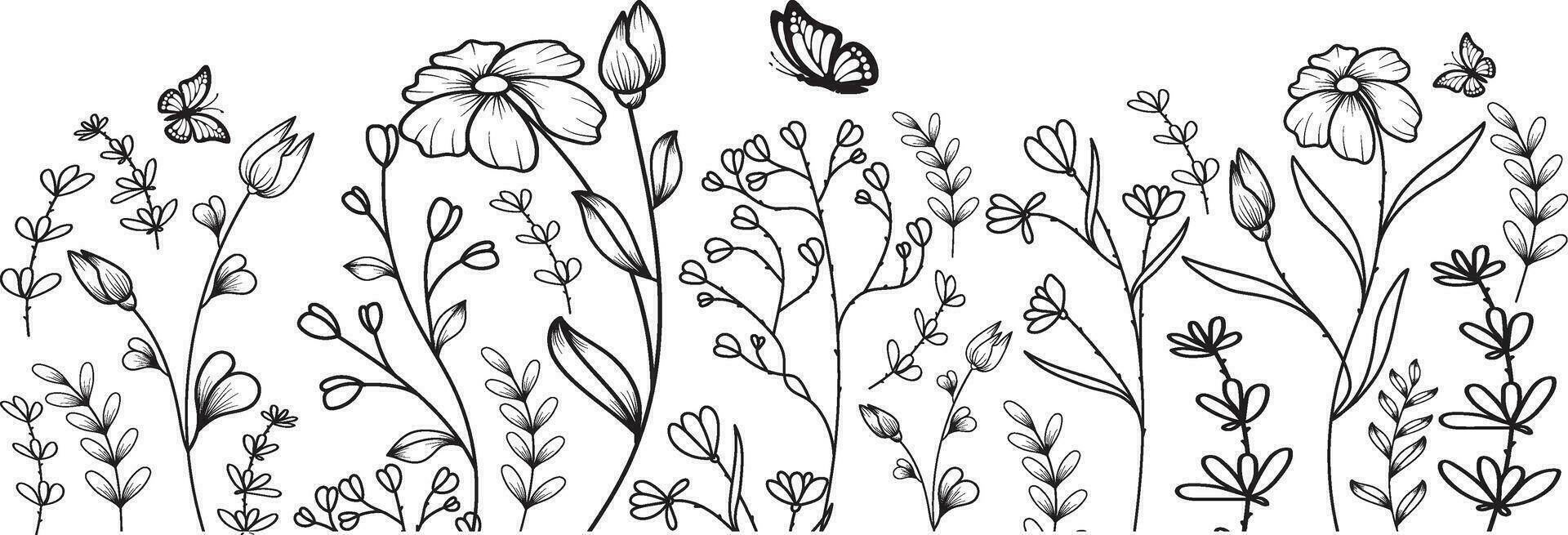 Vector botanical seamless border with trendy meadow greenery and flowers.