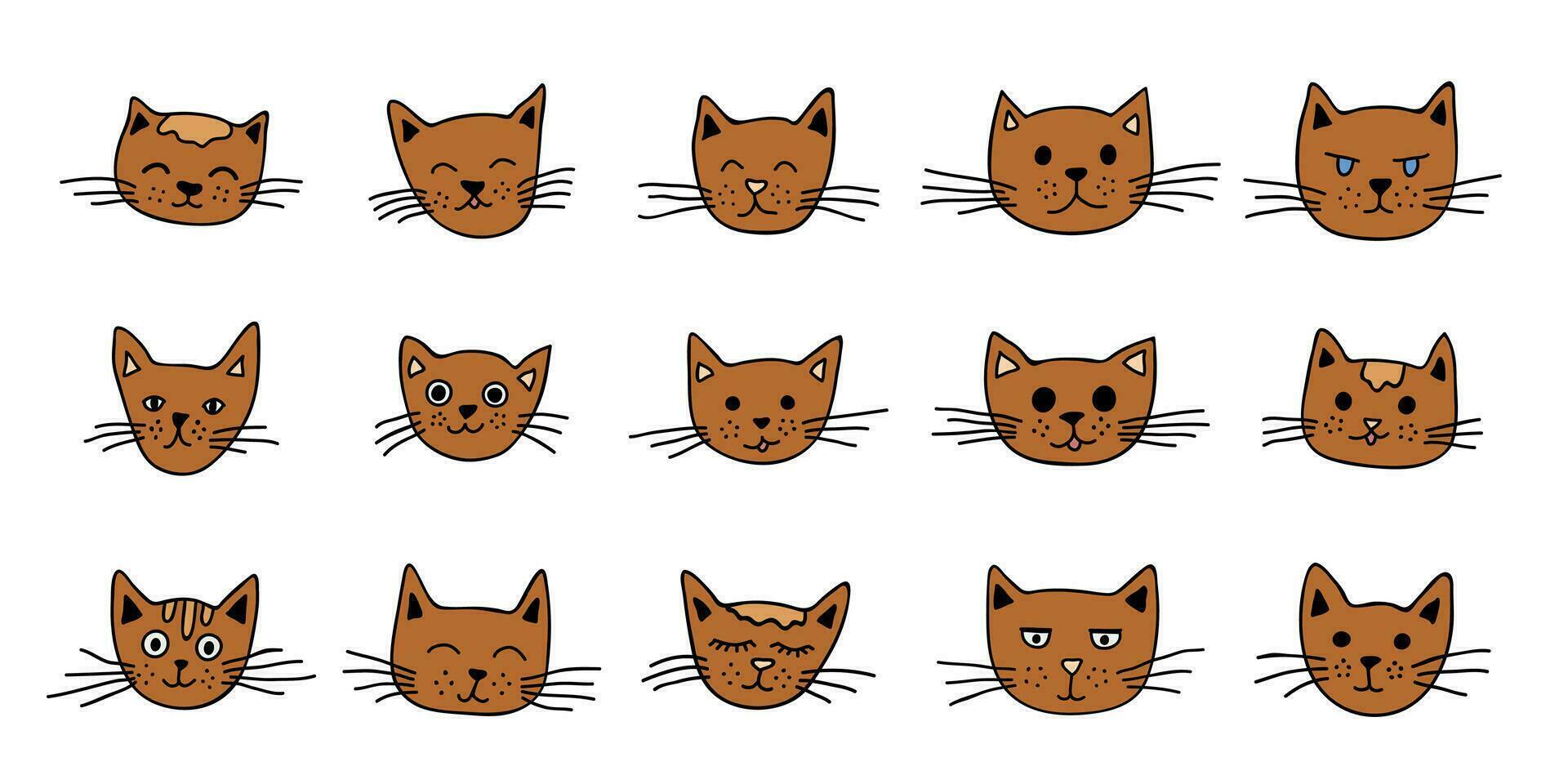 Hand drawn cat muzzle clipart. Cute pet face doodle set vector