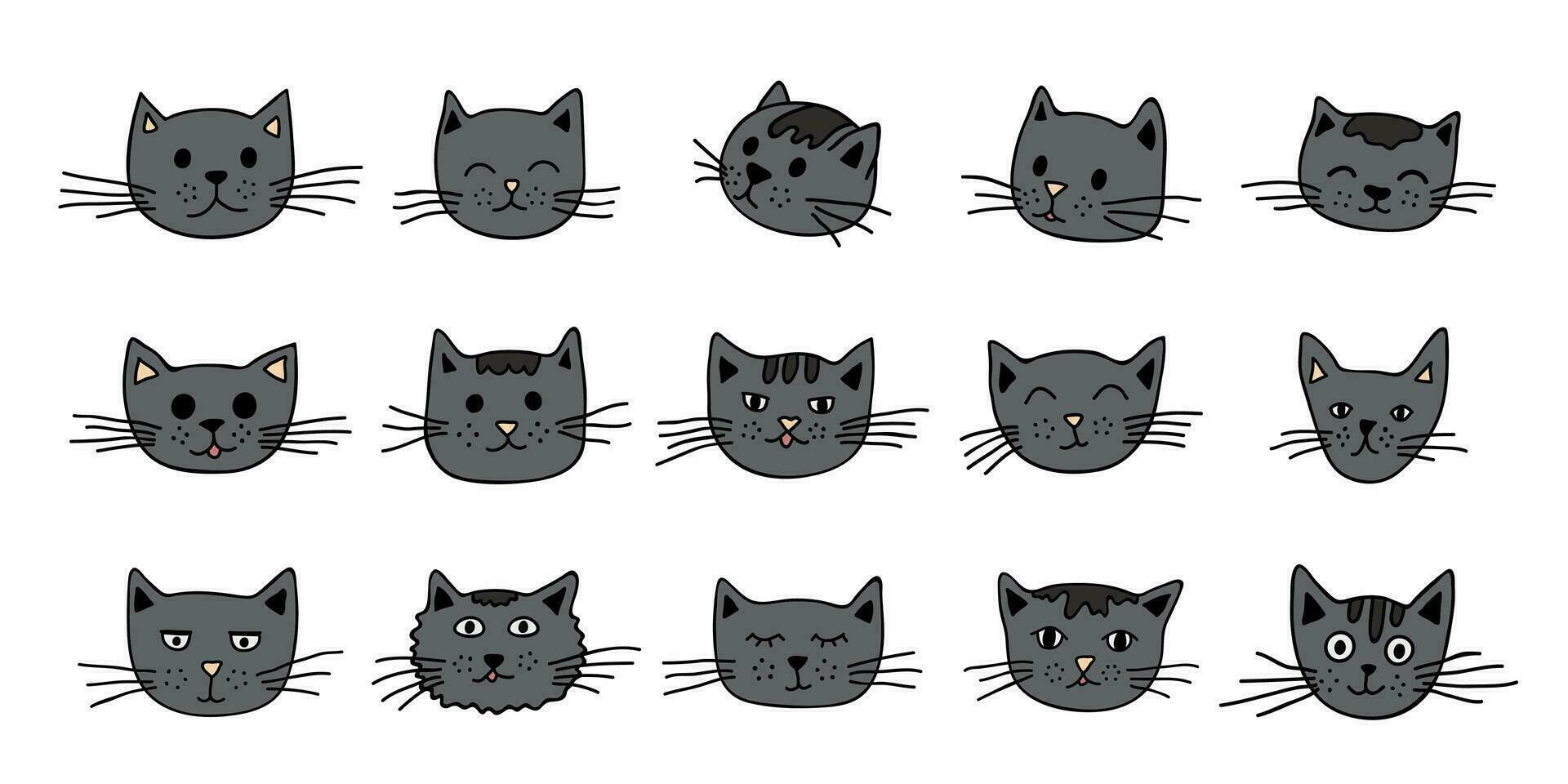 Hand drawn cat muzzle clipart. Cute pet face doodle set vector