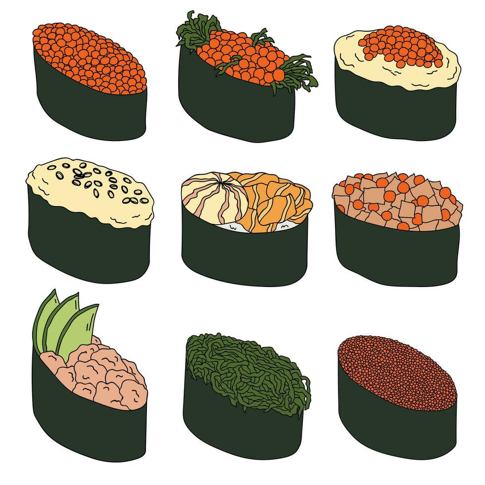 Hand drawn gunkan maki sushi clipart set. Japanese traditional cuisine dishes. Asian food vector