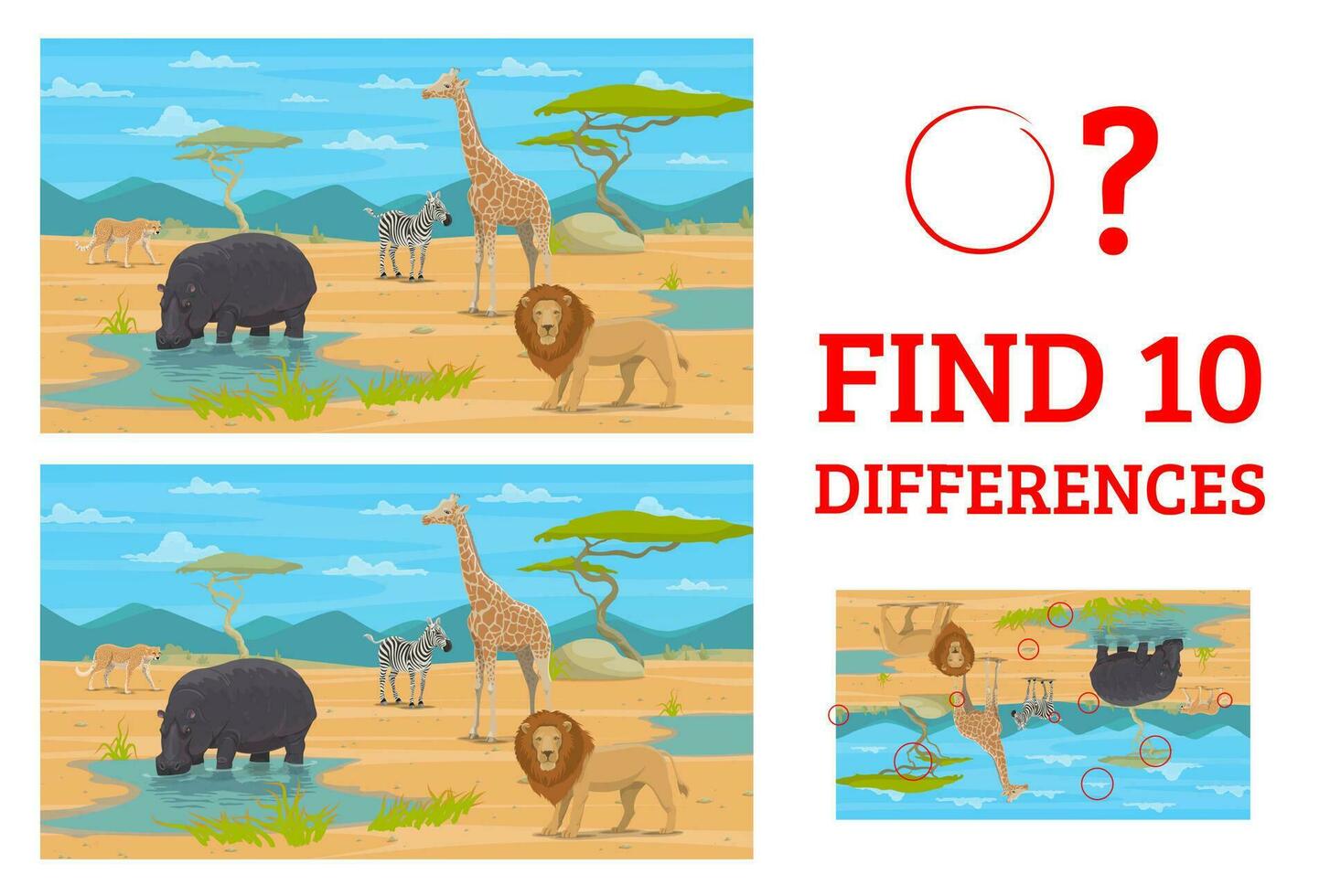 Find ten differences between safari african animal vector