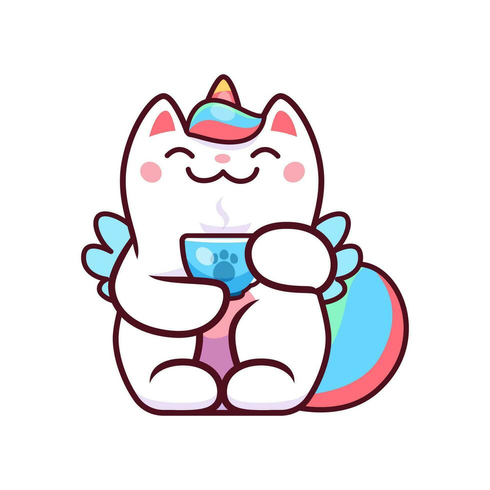 Cartoon kawaii caticorn, cat unicorn drinking tea vector