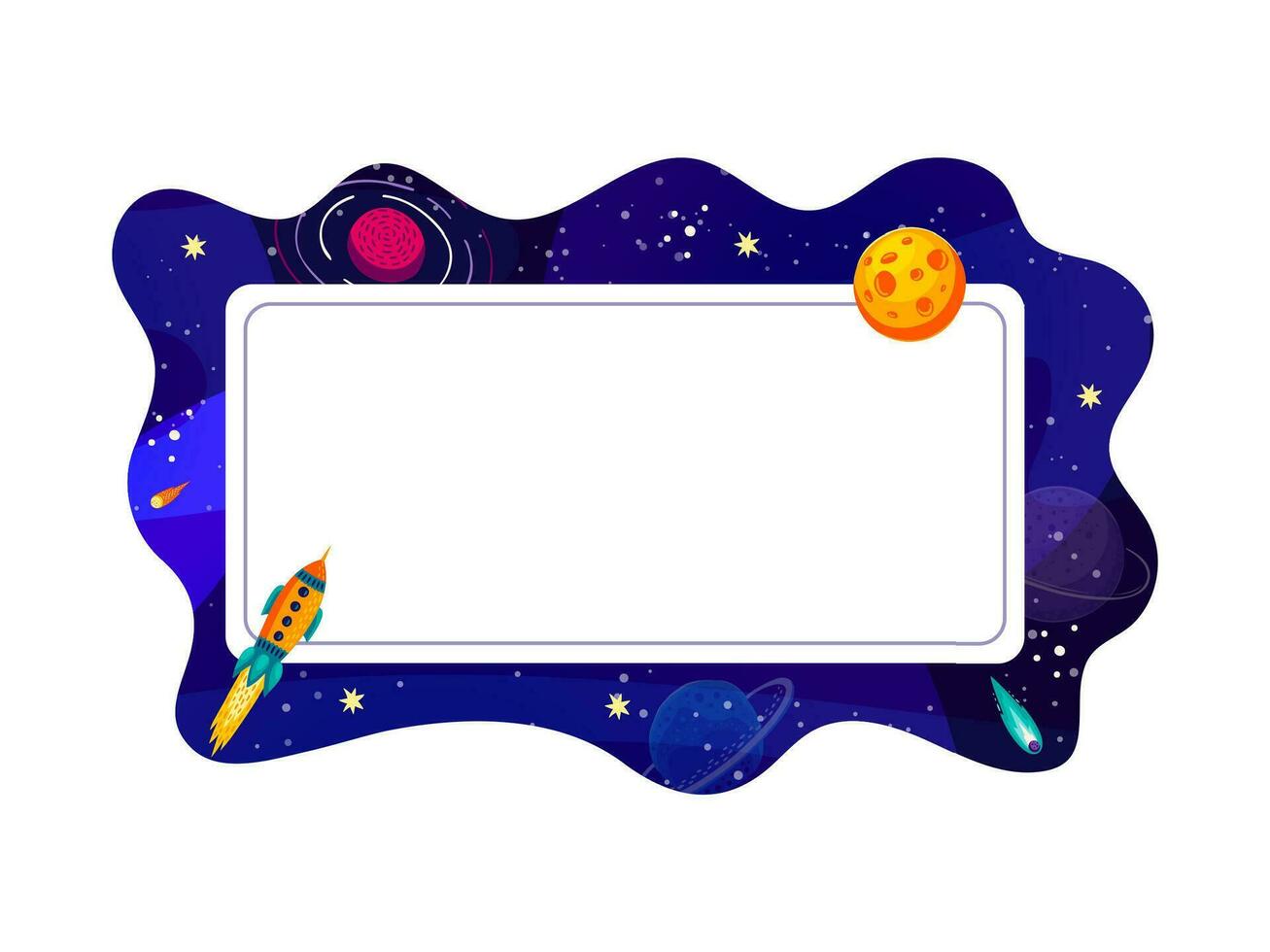 Cartoon frame with galaxy space landscape, rockets vector