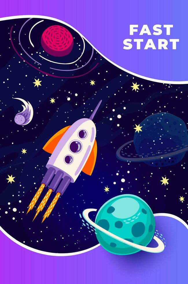 Flying rocket spaceship in starry galaxy space vector