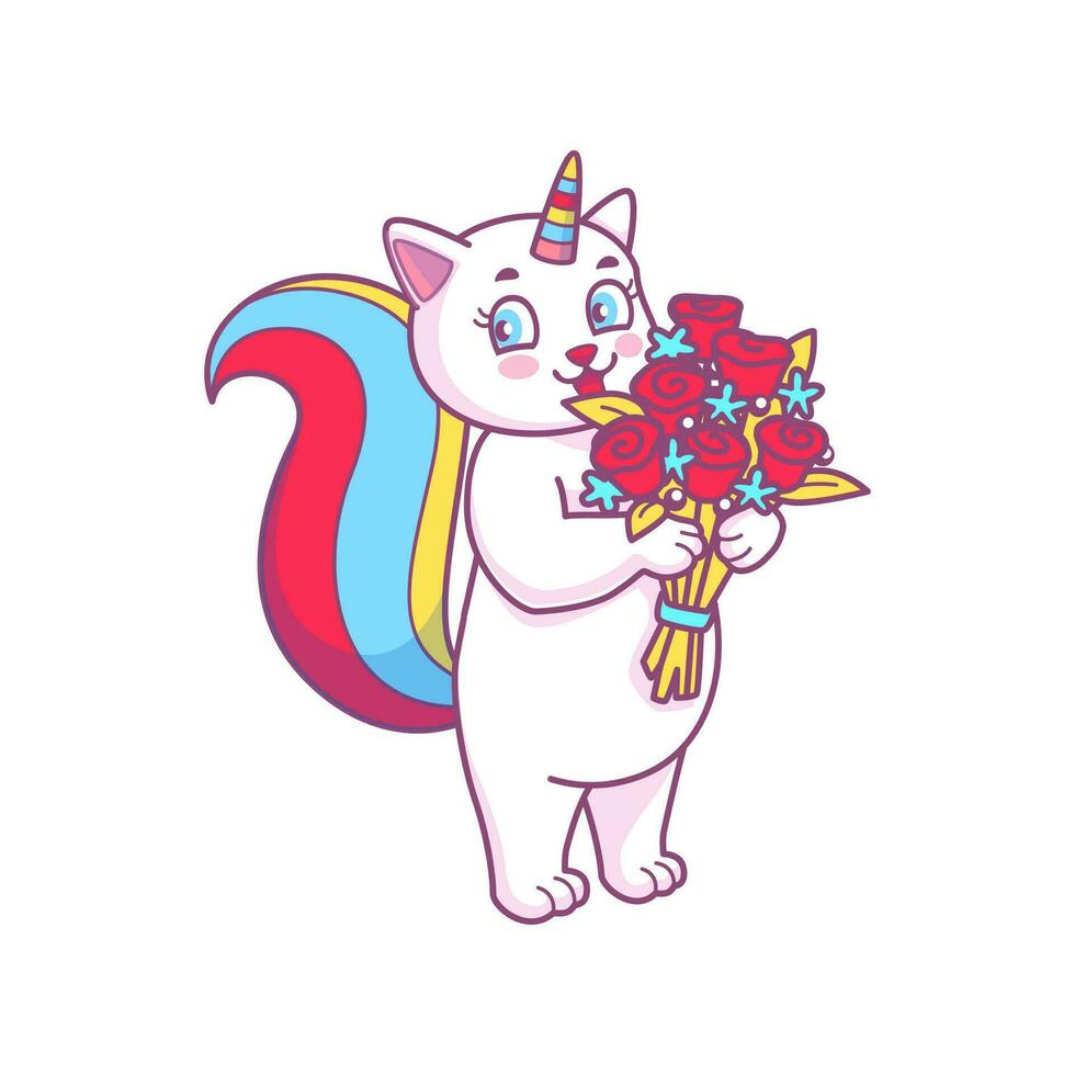 Cute cartoon caticorn with flower bouquet vector