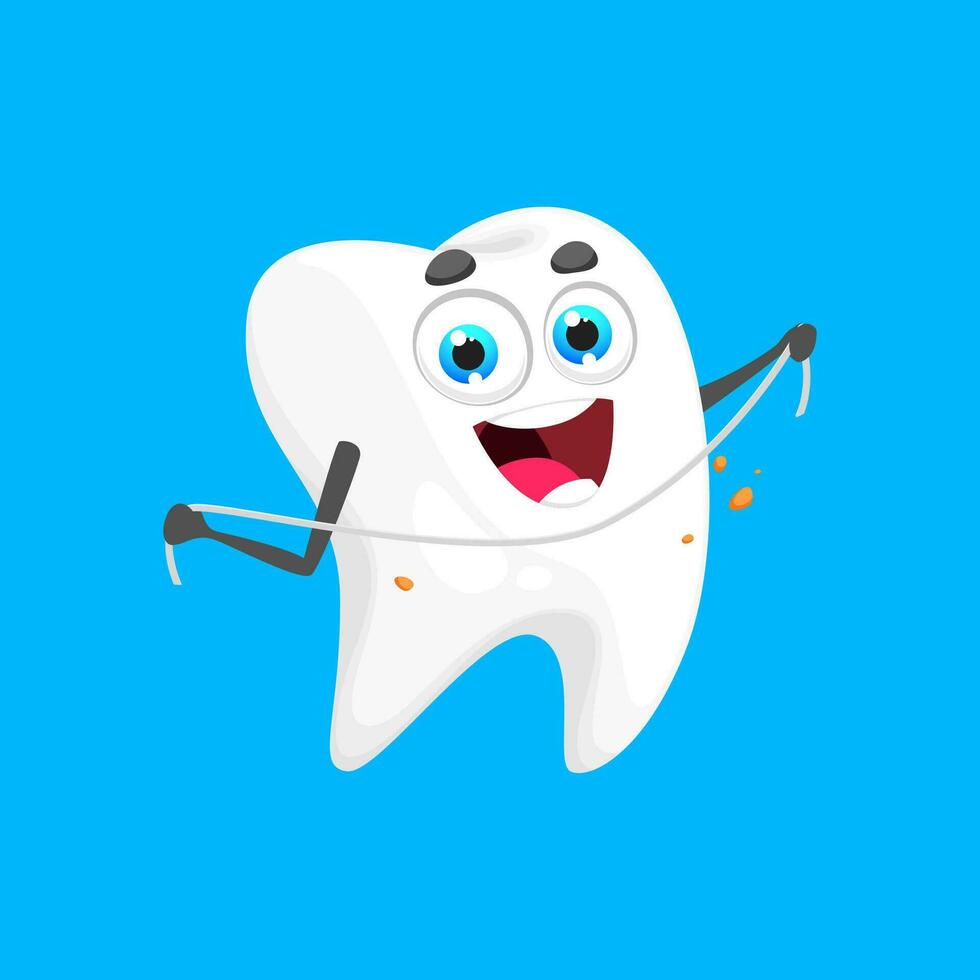 Cartoon tooth character cleaning with dental floss vector