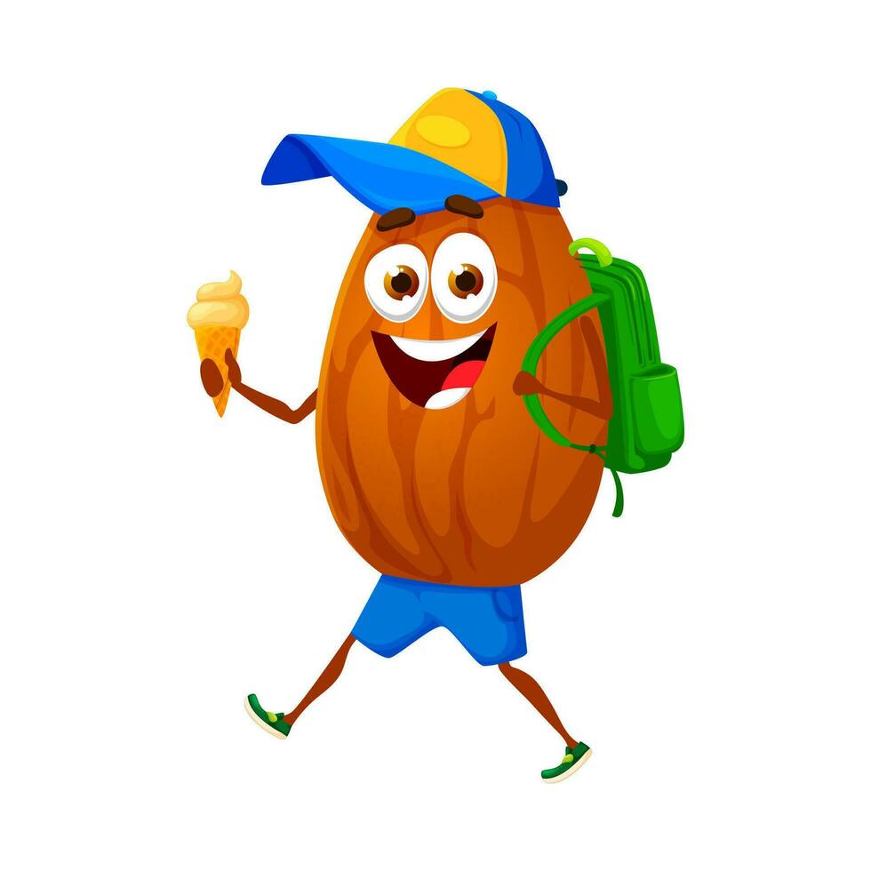 Cartoon almond nut with backpack and ice cream vector