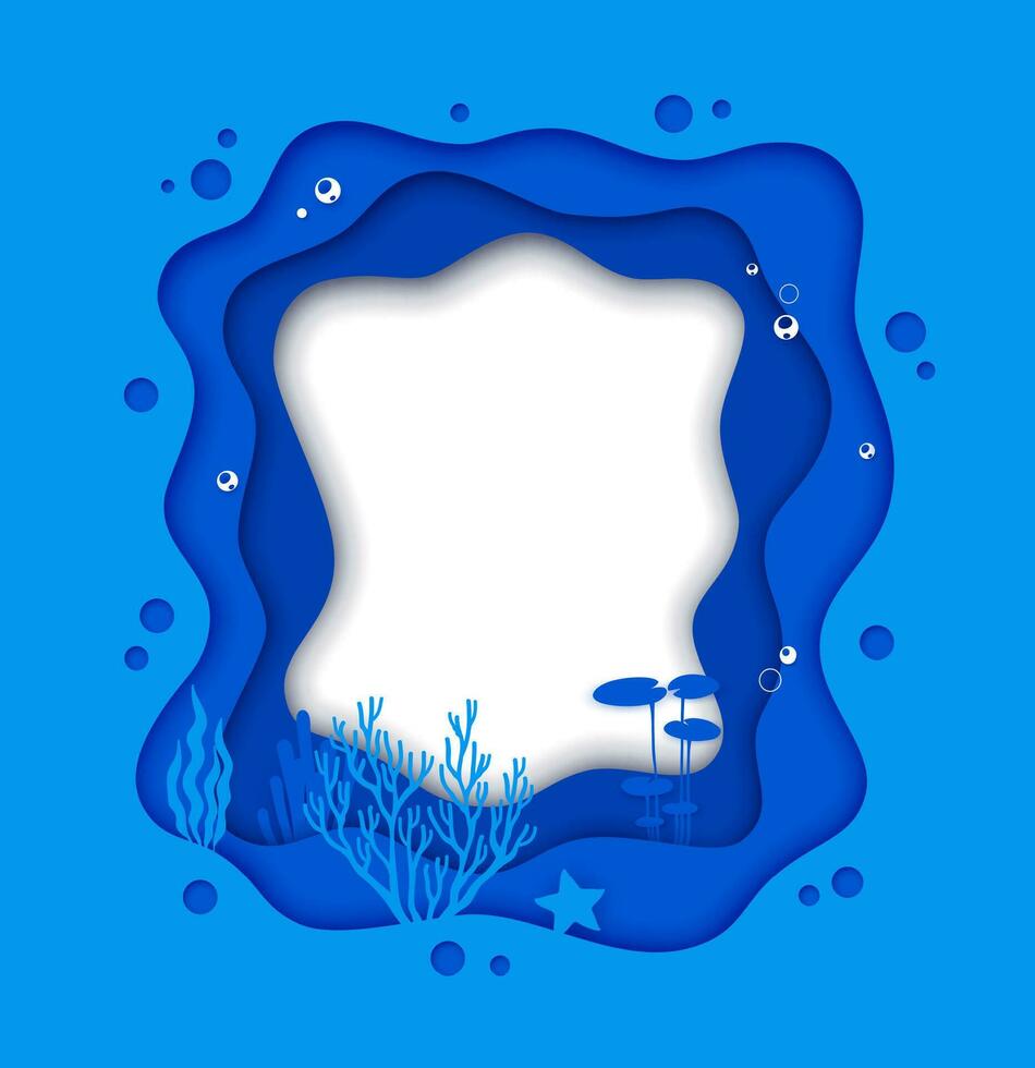 Paper cut frame with blue sea waves and seaweeds vector