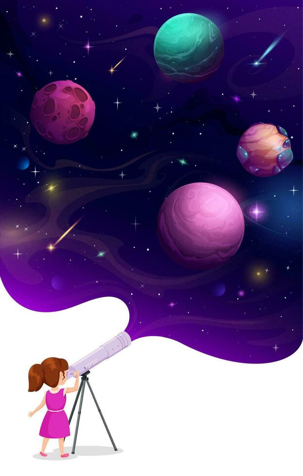 Girl kid looking in telescope at space planets sky vector