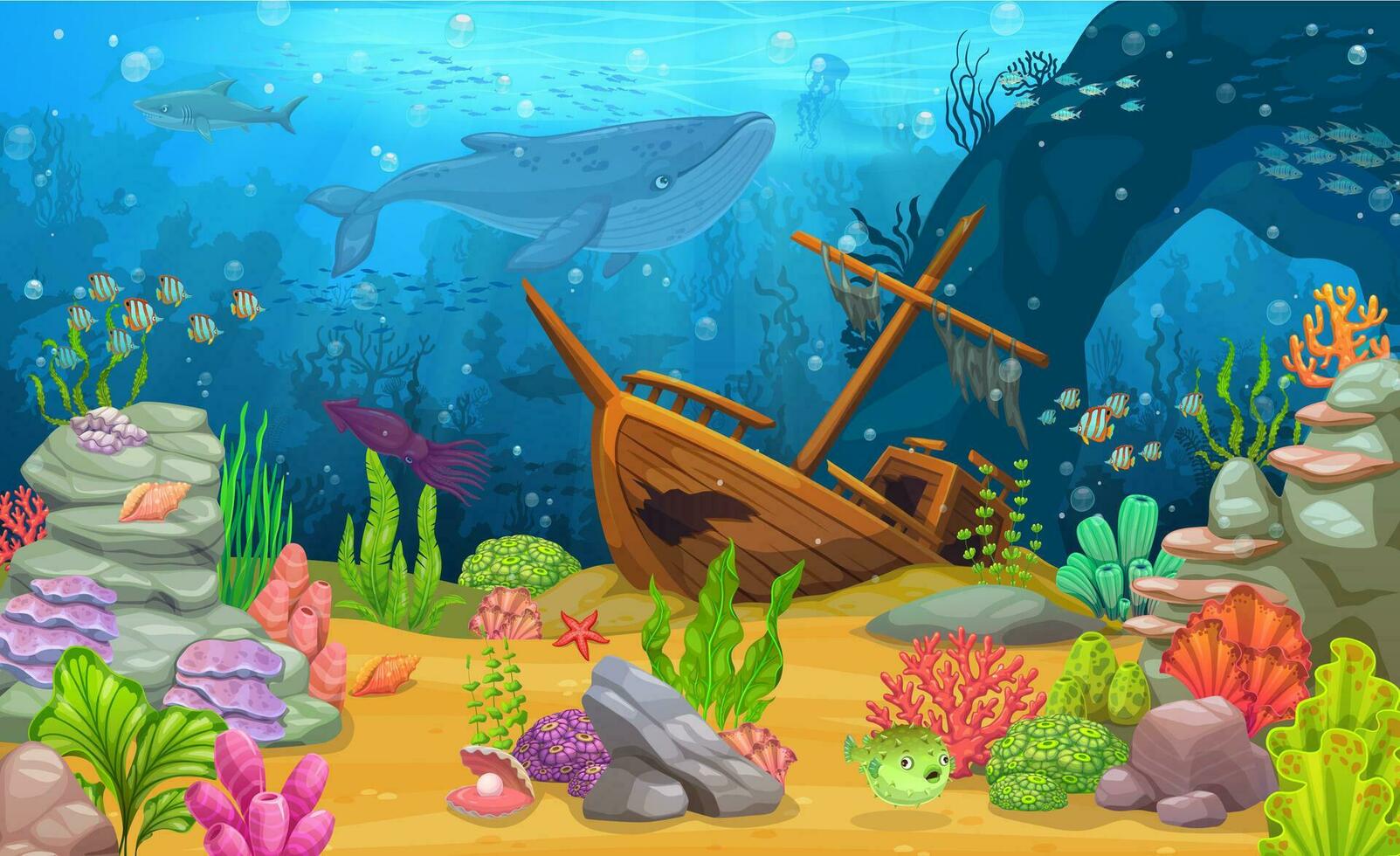 Cartoon sunken ship at sea underwater landscape vector