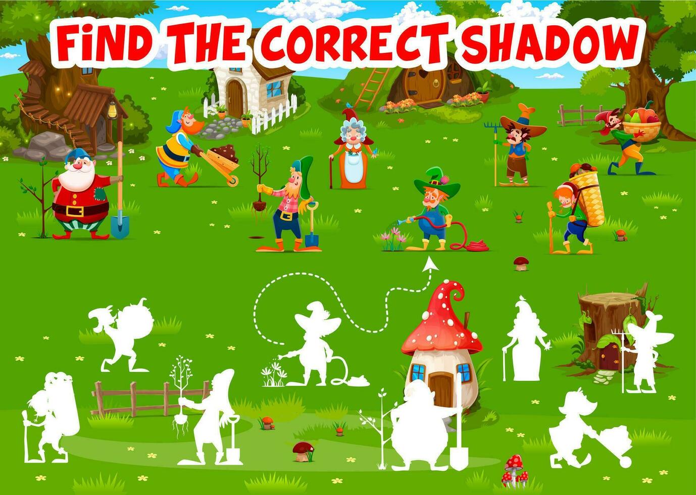 Find correct shadow cartoon fairytale funny gnomes vector