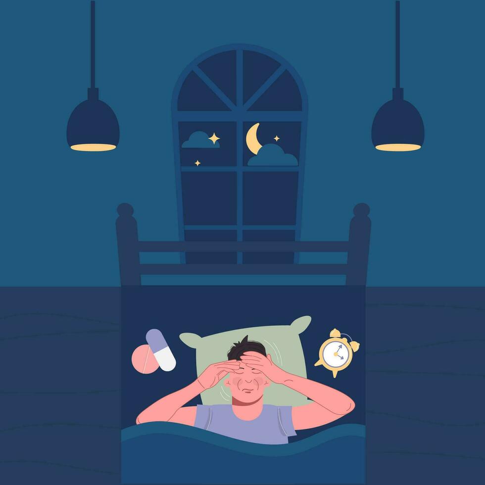 insomnio, dormir trastorno concepto. el hombre es acostado en cama vector