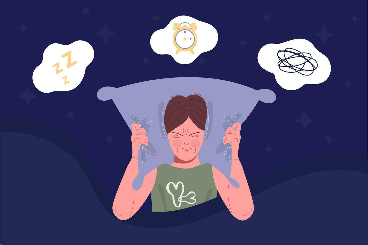 Insomnia, sleep disorder. An evil woman clutches a pillow vector