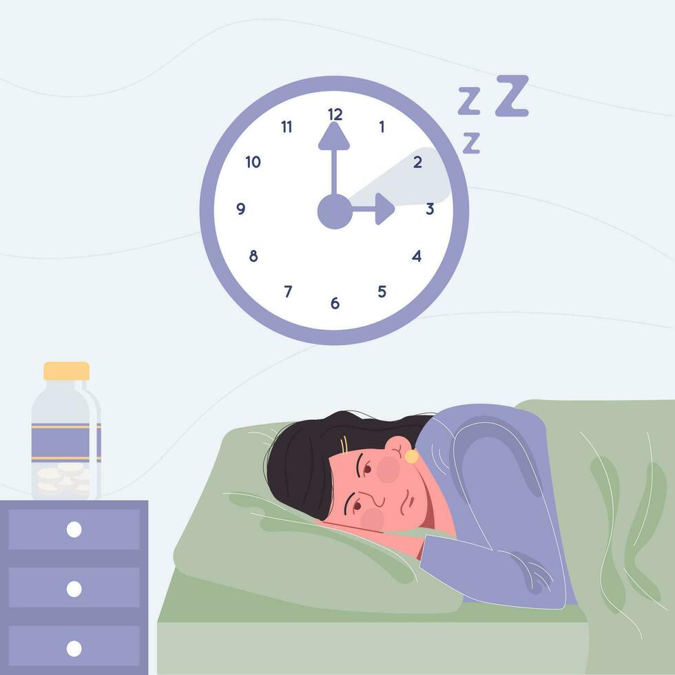Insomnia, sleep disorder concept. The woman is awake vector
