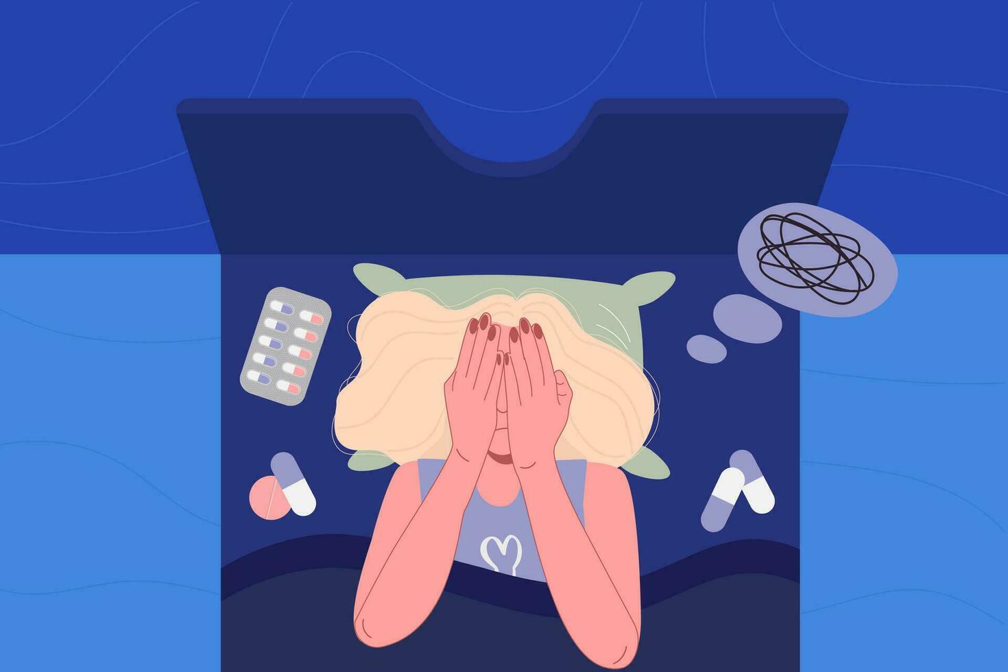 Insomnia, sleep disorder concept. A woman covers her face and lies on a pillow vector