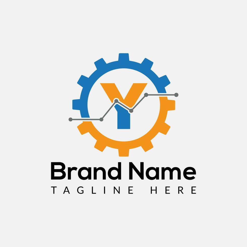 Tech Gear Logo On Letter Y Template. Tech Gear On Y Letter, Initial Tech Gear Sign Concept vector