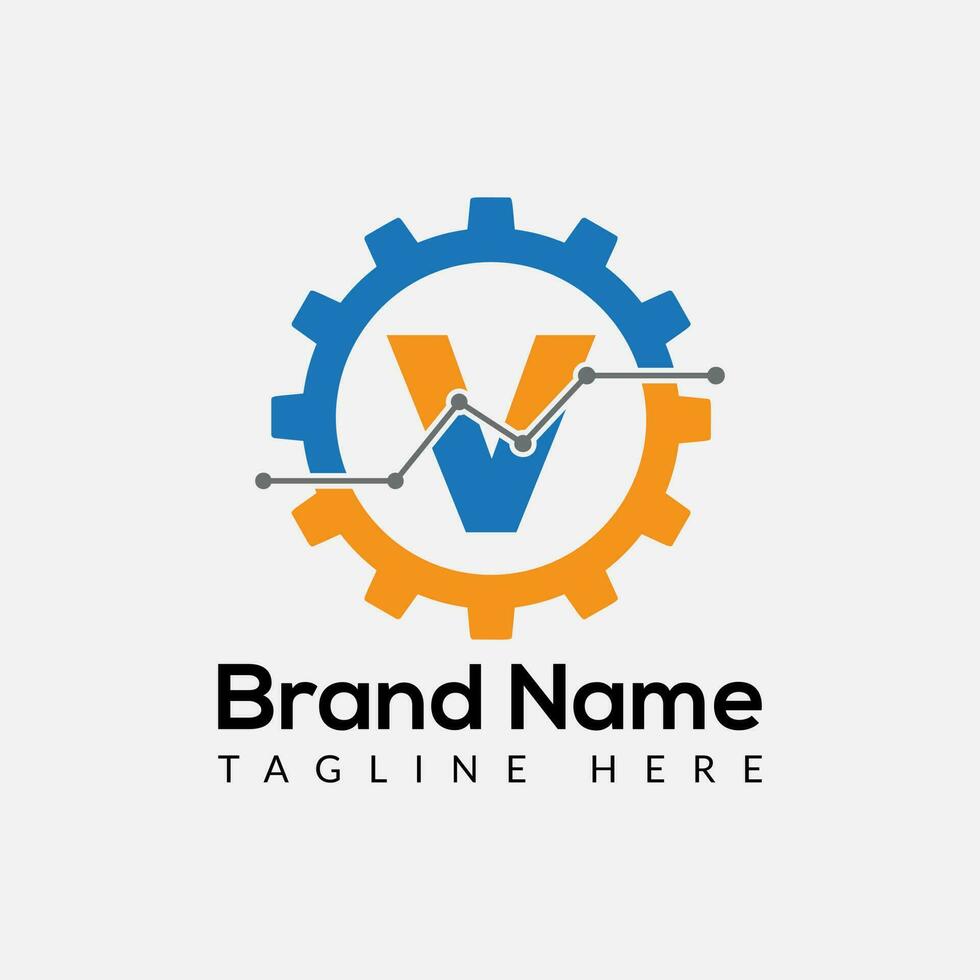 Tech Gear Logo On Letter V Template. Tech Gear On V Letter, Initial Tech Gear Sign Concept vector