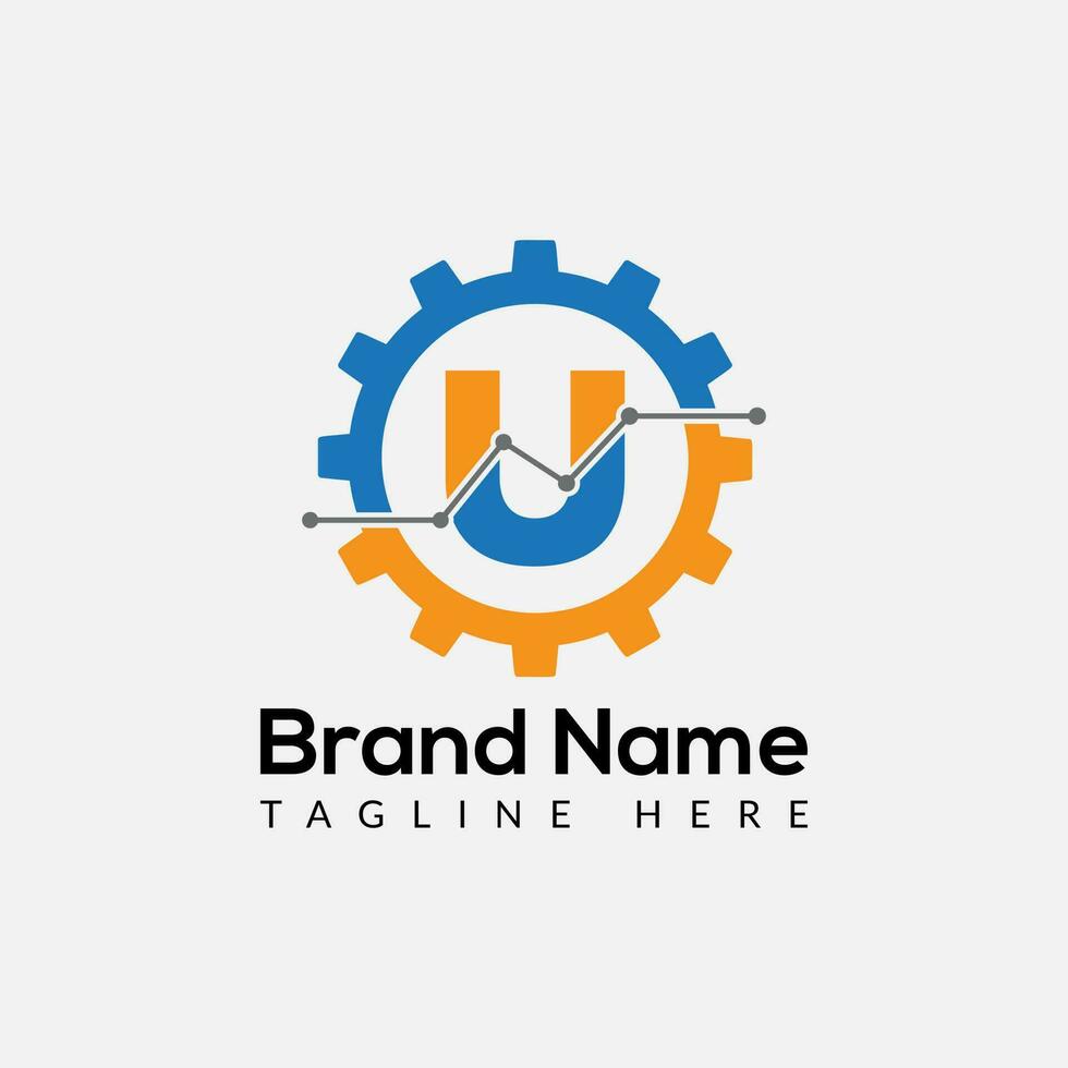 Tech Gear Logo On Letter U Template. Tech Gear On U Letter, Initial Tech Gear Sign Concept vector