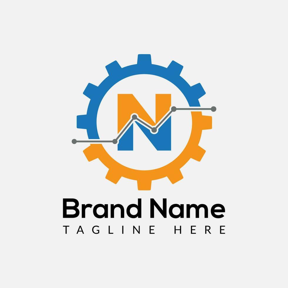 Tech Gear Logo On Letter N Template. Tech Gear On N Letter, Initial Tech Gear Sign Concept vector