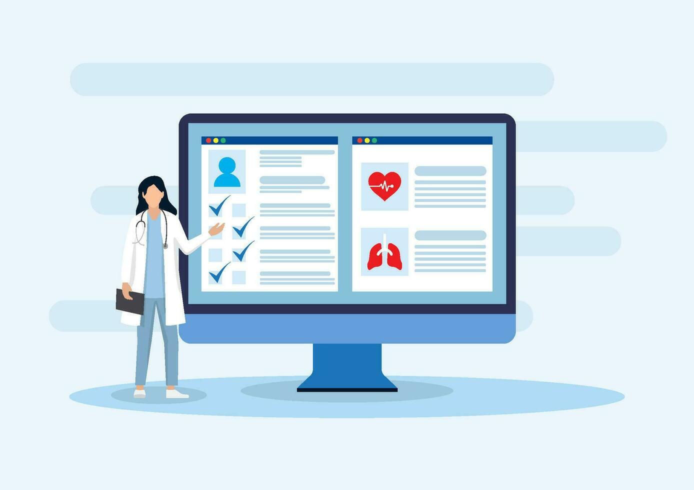 Healthcare technology, doctor standing explaining treatment information using the computer screen It refers to medicine using technology to help diagnose diseases and symptoms of patients. vector