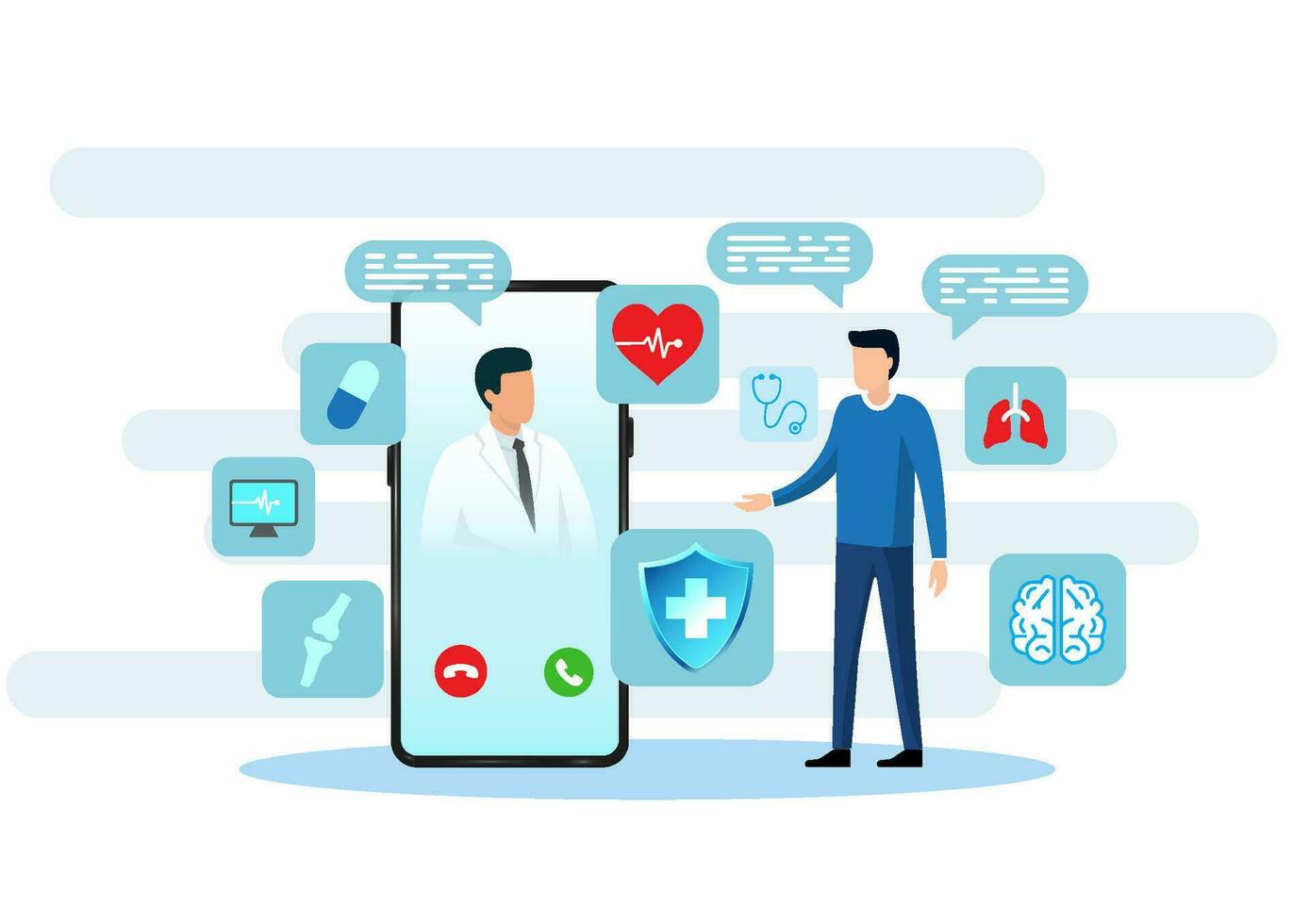 Healthcare technology Patients video calling with doctors via smartphones It refers to technology combining with medical to allow people to receive treatment quickly. vector