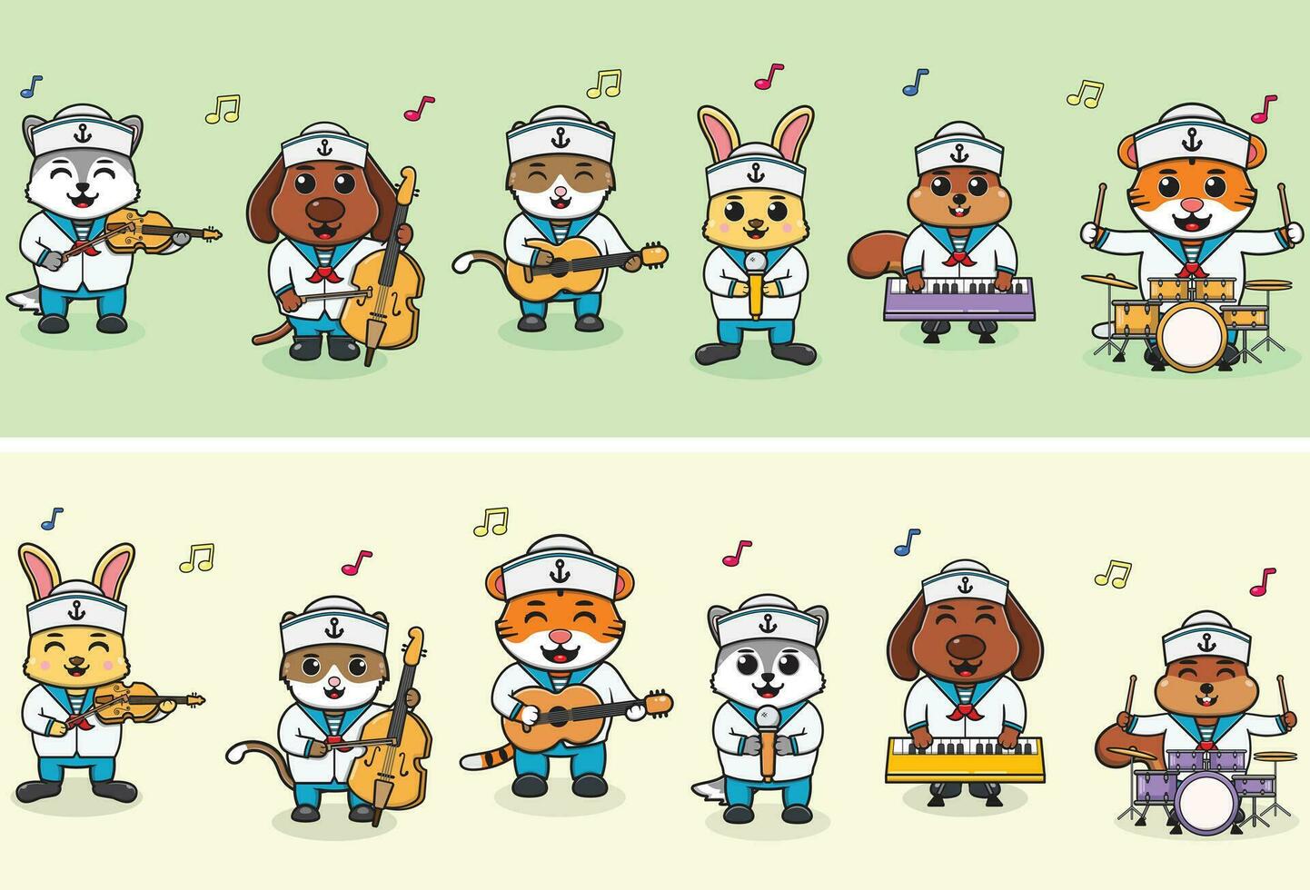 vector ilustración de linda animal marineros música banda. grande conjunto de linda animal dibujos animados en profesiones animal dibujos animados plano estilo. gato, perro, conejo, ardilla, Tigre y lobo