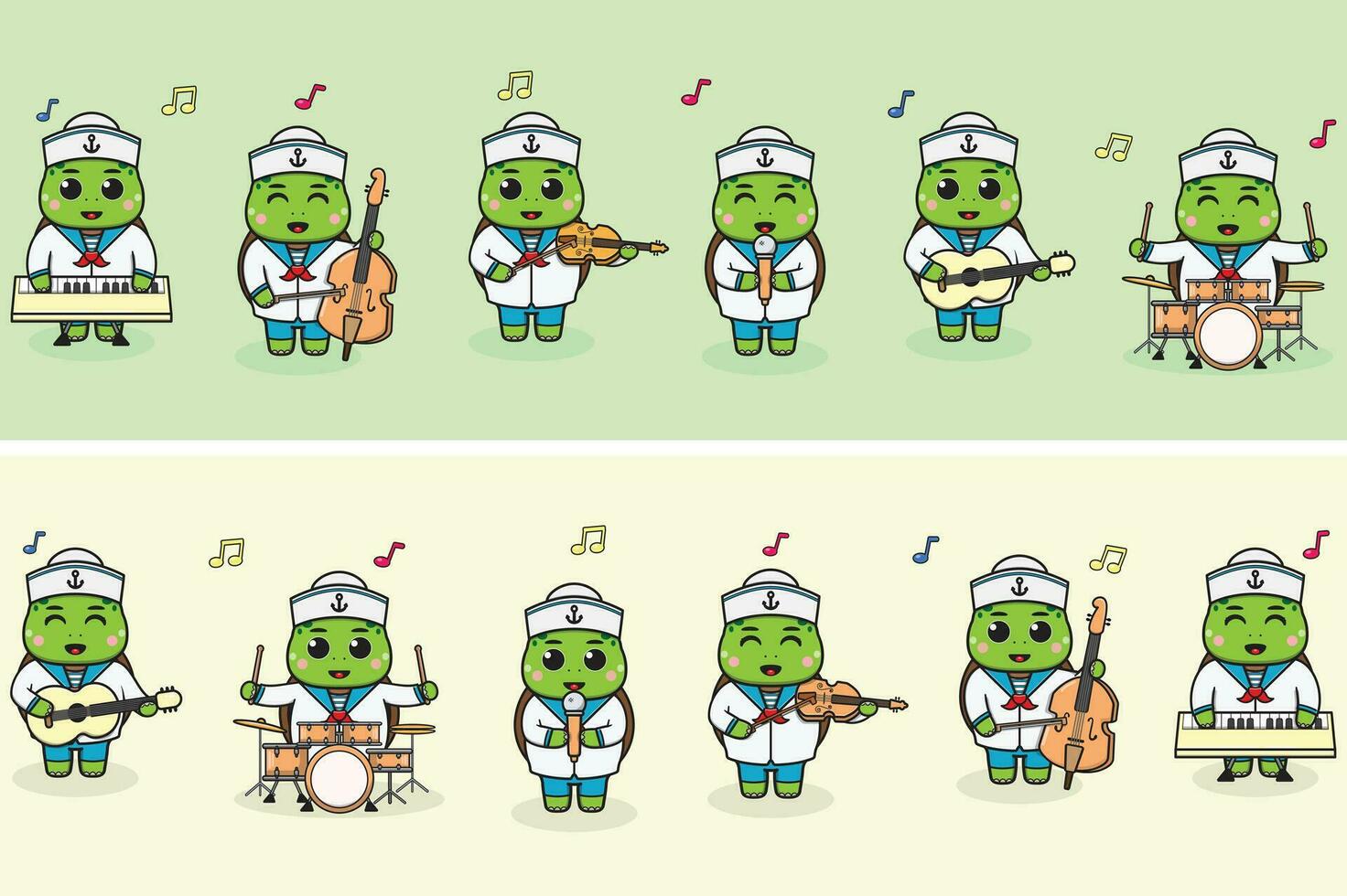 Vector Illustration of Cute Turtle sailors Music Band. Big set of cute Animal cartoon in professions. Turtle Cartoon flat style.