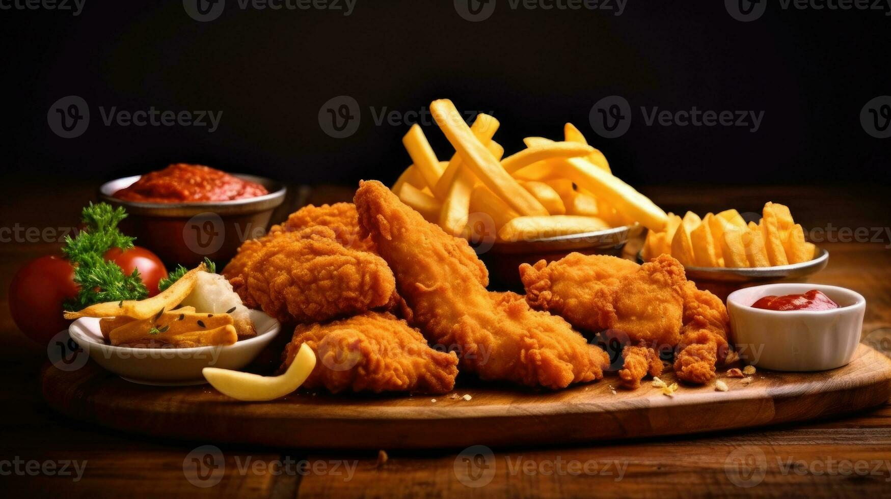 Fried chicken with french fries and nuggets meal - junk food and unhealthy food on wooden table. Generative Ai photo