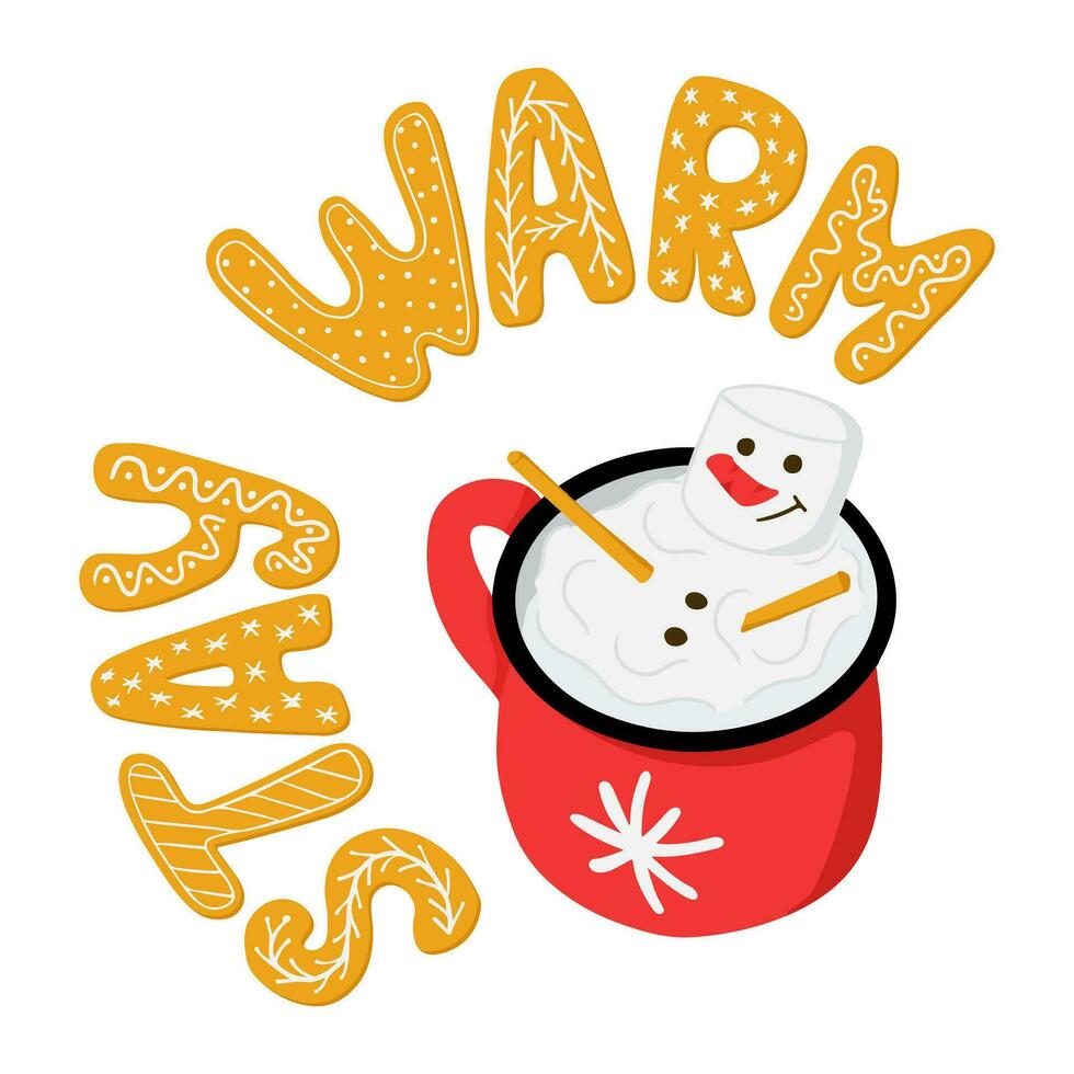 Winter holiday hot drink typography composition. Slogan Stay Warm with hot chocolate illustration. Hand drawn letters as gingerbread cookies with icing and hot chocolate with marshmallow. vector
