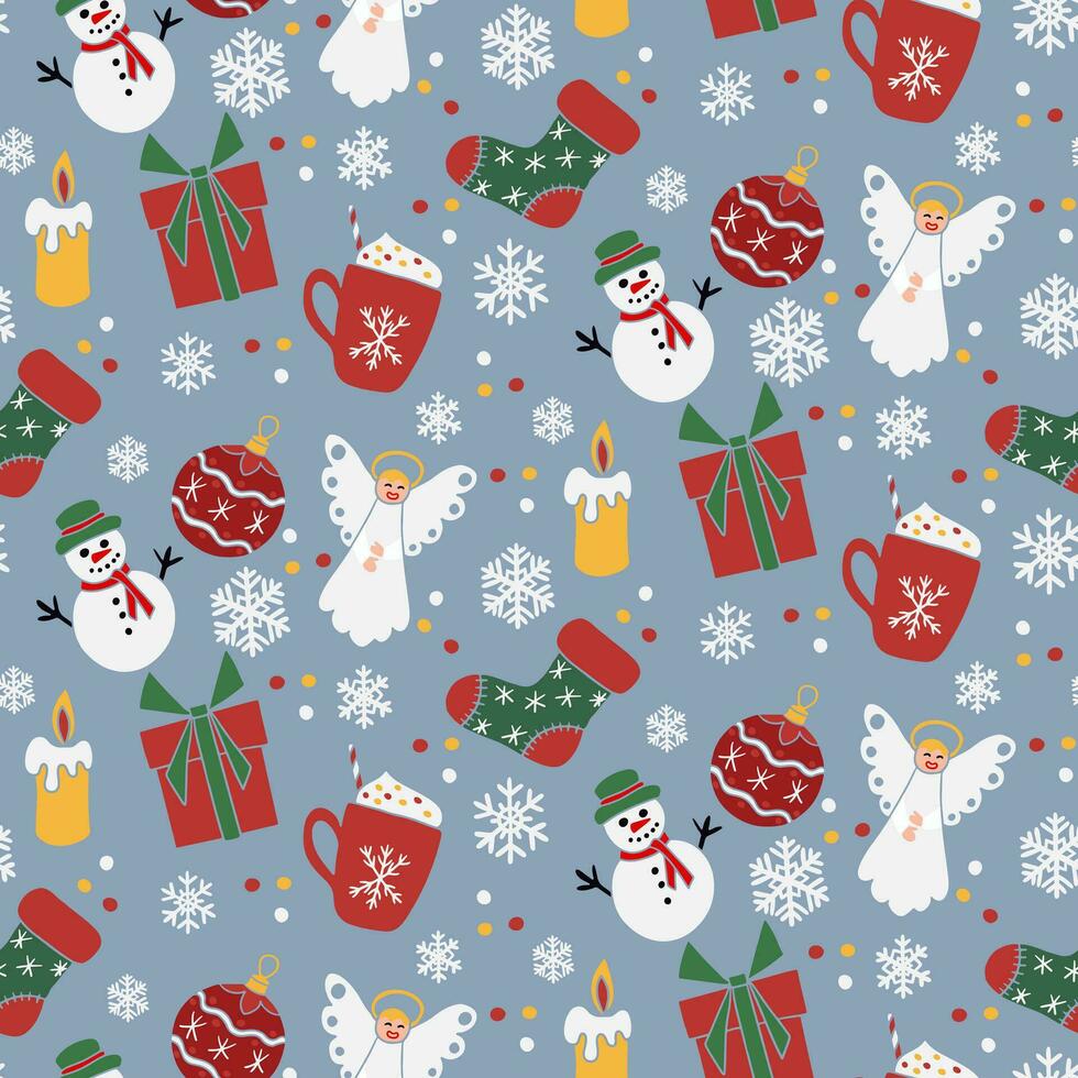 Flat hand drawn minimalistic Christmas pattern with traditional winter holiday elements on grey background. Holiday design for decoration, wrapping paper, textile, wallpaper vector