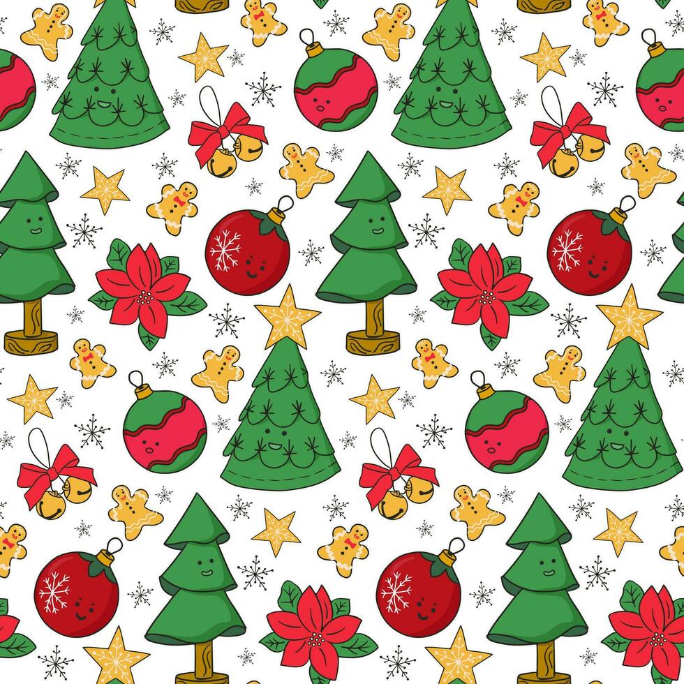 linda kawaii Navidad decoración sin costura modelo. fiesta diseño con infantil caracteres en plano estilo en blanco antecedentes. ideal enemigo decoración, envase papel, textil, fondo de pantalla vector