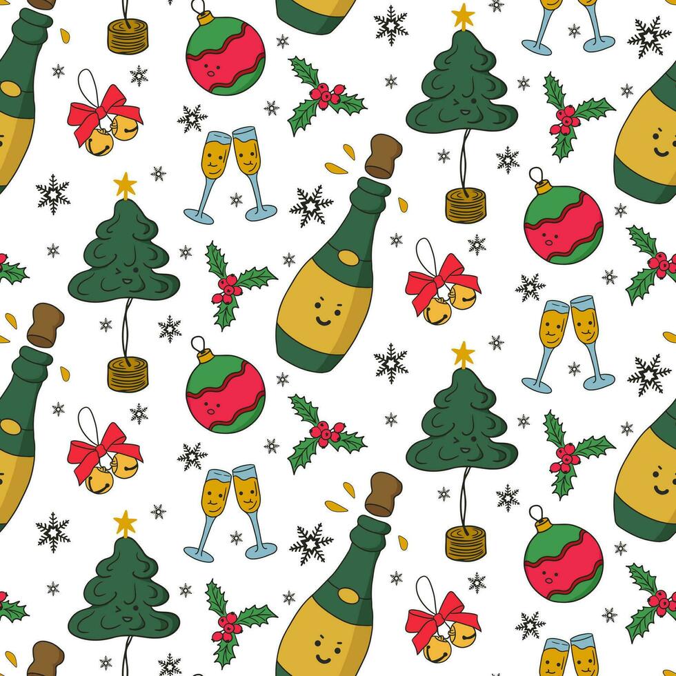 Navidad modelo con linda kawaii tradicional decoración. fiesta diseño en plano infantil estilo en blanco antecedentes. bueno para decoración, envase papel, textil, fondo de pantalla vector