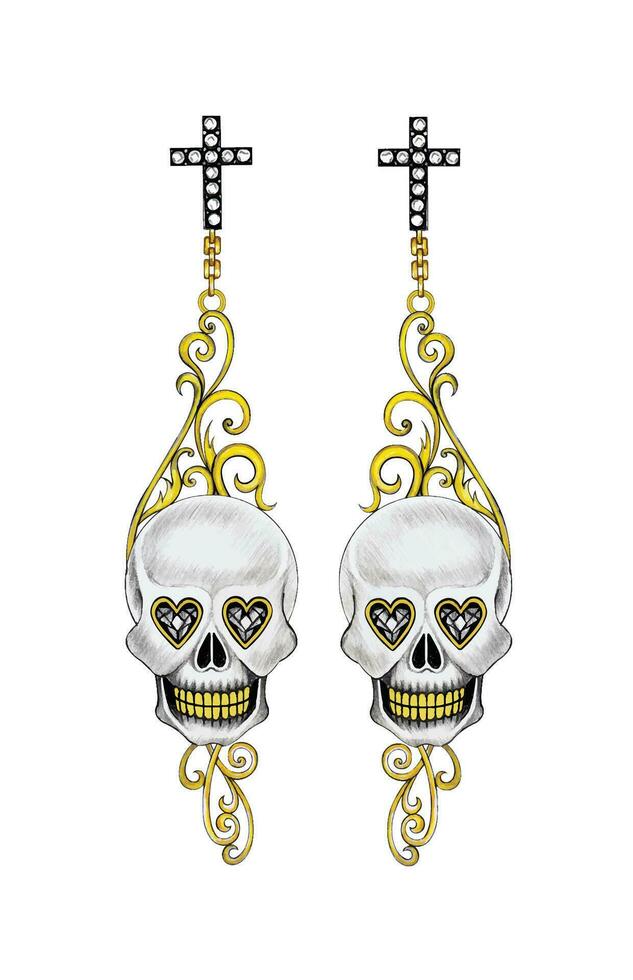 Jewelry design art vintage mix fancy skull earrings hand drawing and painting make graphic vector. vector