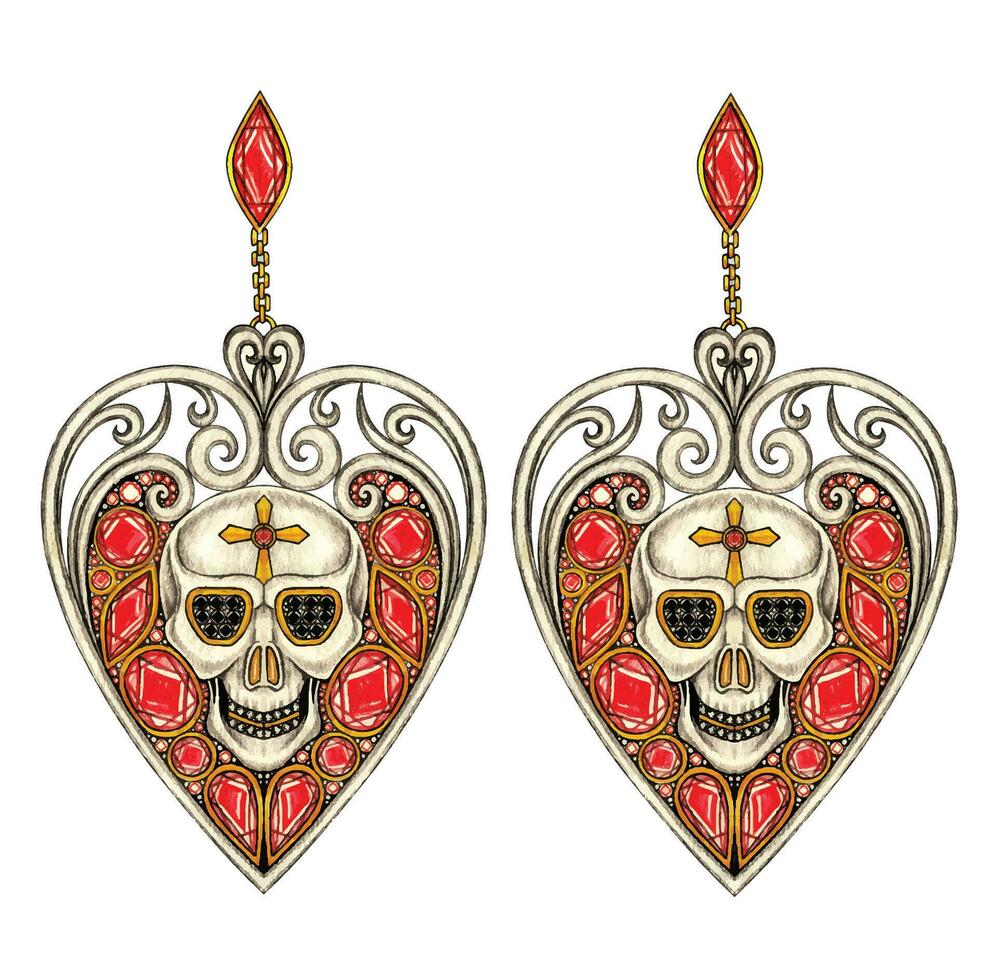 Jewelry design art vintage mix fancy skull earrings hand drawing and painting make graphic vector. vector