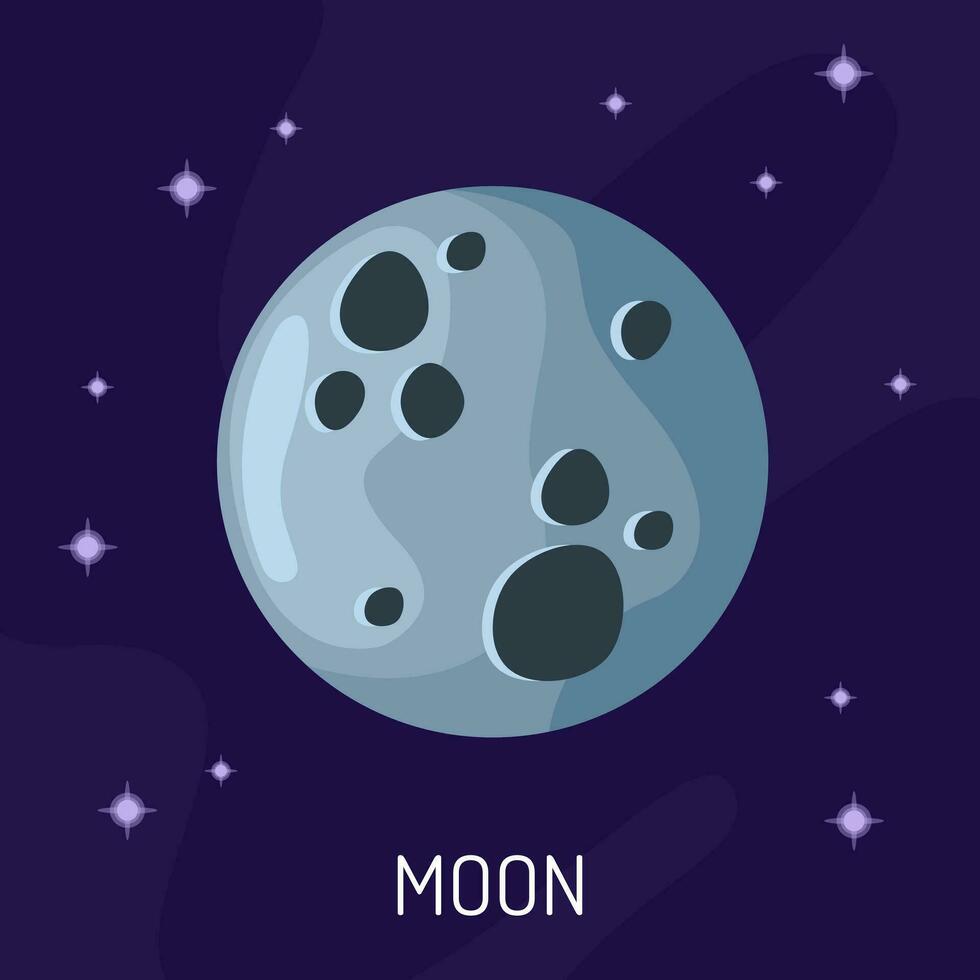 The moon is in a flat style.. The moon on a dark background with stars. Cartoon icon of the planet Moon. The science of astronomy is a satellite of the Earth in space. vector