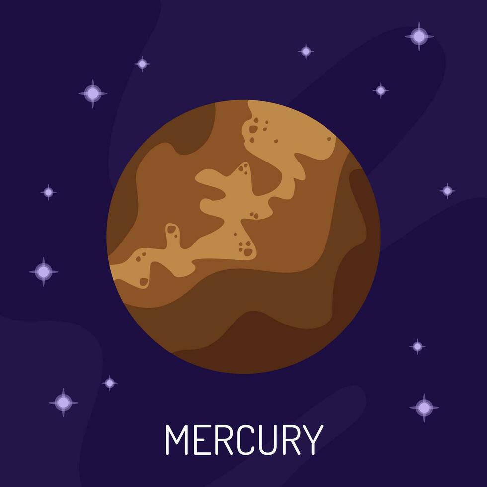 Vector illustration of the planet Mercury in space. A planet on a dark background with stars.