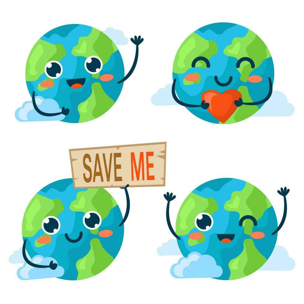 Vector illustration of a cute planet Earth with a face and hands. Happy clean planet.