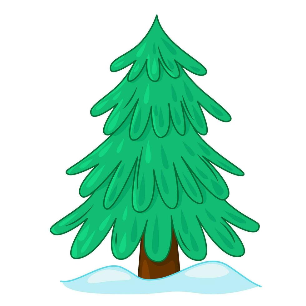 winter spruce stands in the snow. Cartoon illustration of a winter Christmas tree outside in the snow. A symbol of winter and cold vector