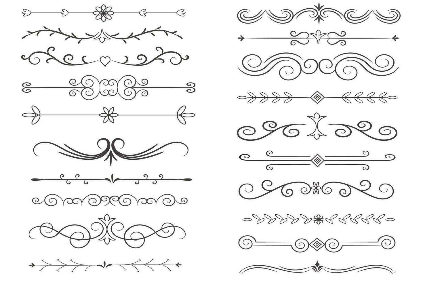 Page Divider And Design Elements. Set of Various Simple Black Divider Design, Assorted Divider Collection Template Vector. Collection of floral dividers elements mega decoration for Calligraphy. vector