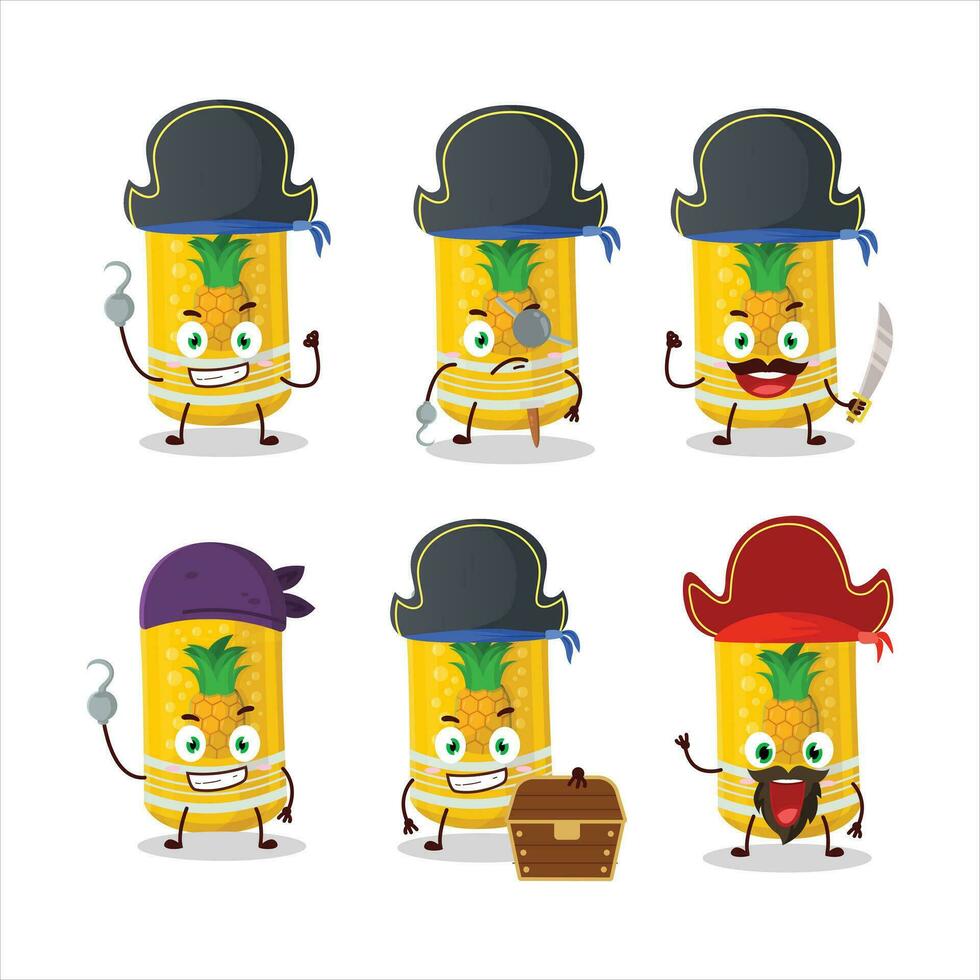 dibujos animados personaje de piña soda lata con varios piratas emoticones vector