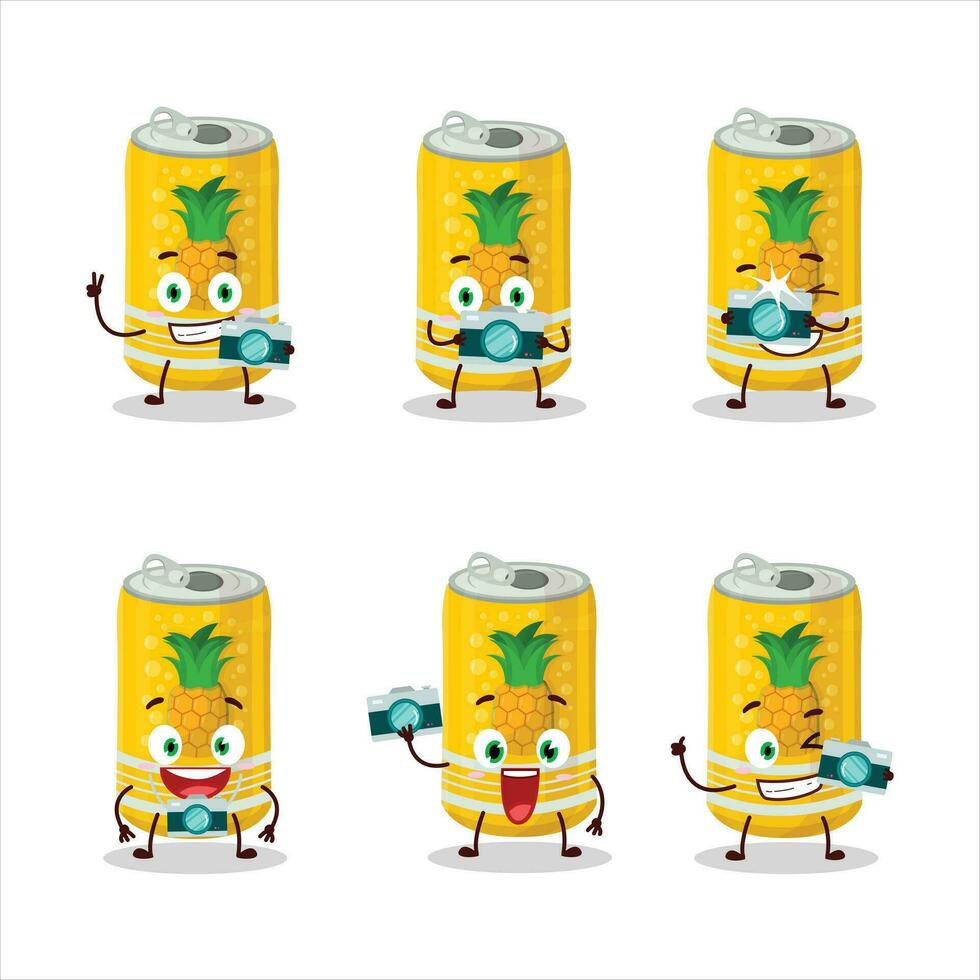 Photographer profession emoticon with pineapple soda can cartoon character vector