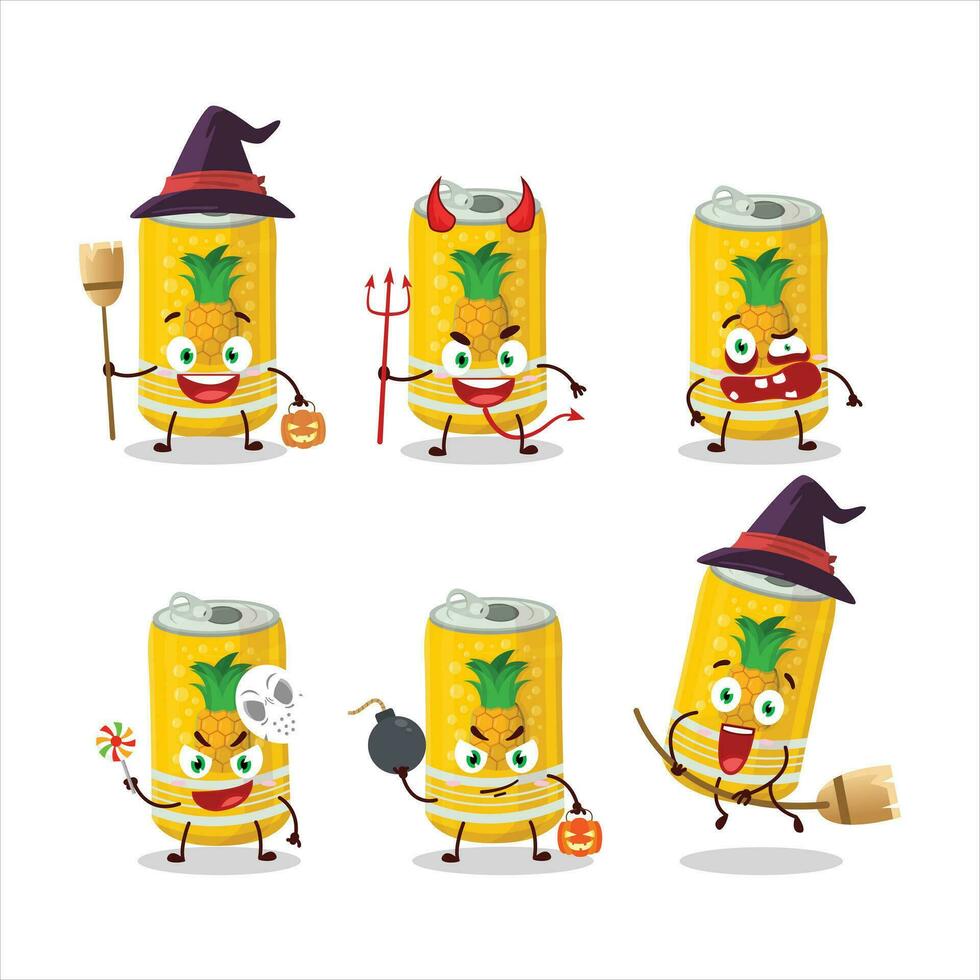 Víspera de Todos los Santos expresión emoticones con dibujos animados personaje de piña soda lata vector