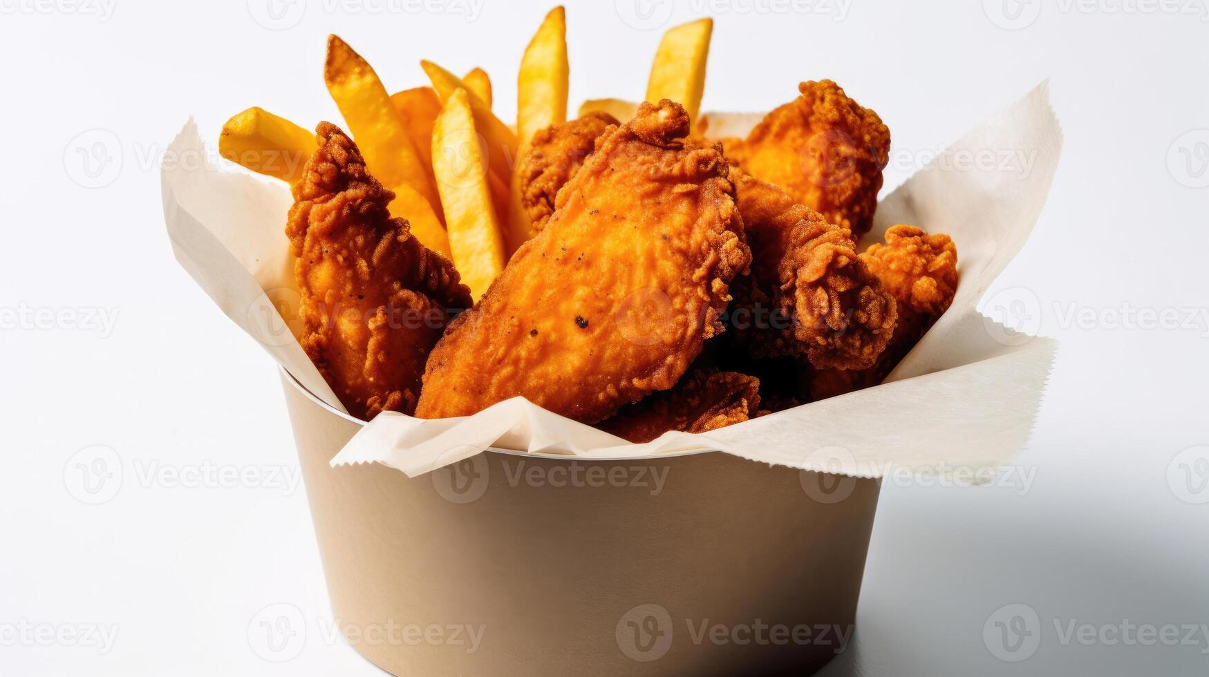 Fried chicken in paper bucket isolated on white background. Generative Ai 33079552 Stock Photo