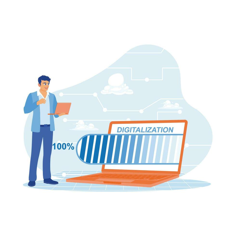 The businessman is standing while holding the laptop. Digital world concept with digitalization word hologram and loading bar element icons on laptop keyboard background. Digital business concept. vector